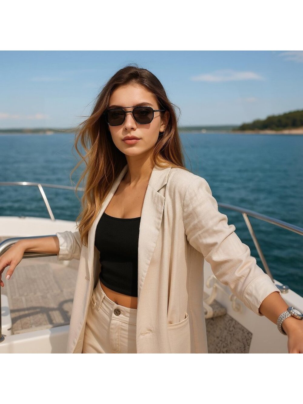 Women's Black Tangle Free Polarized Aviator Retro Square Metal Frame Sunglasses - Picture 4 of 6